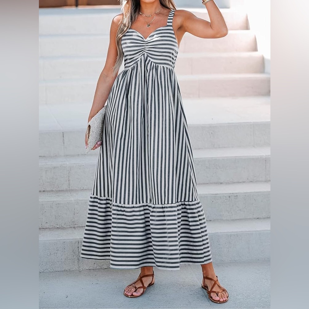 NWT Striped Ruched Maxi Dress -Cupshe-L-Gray